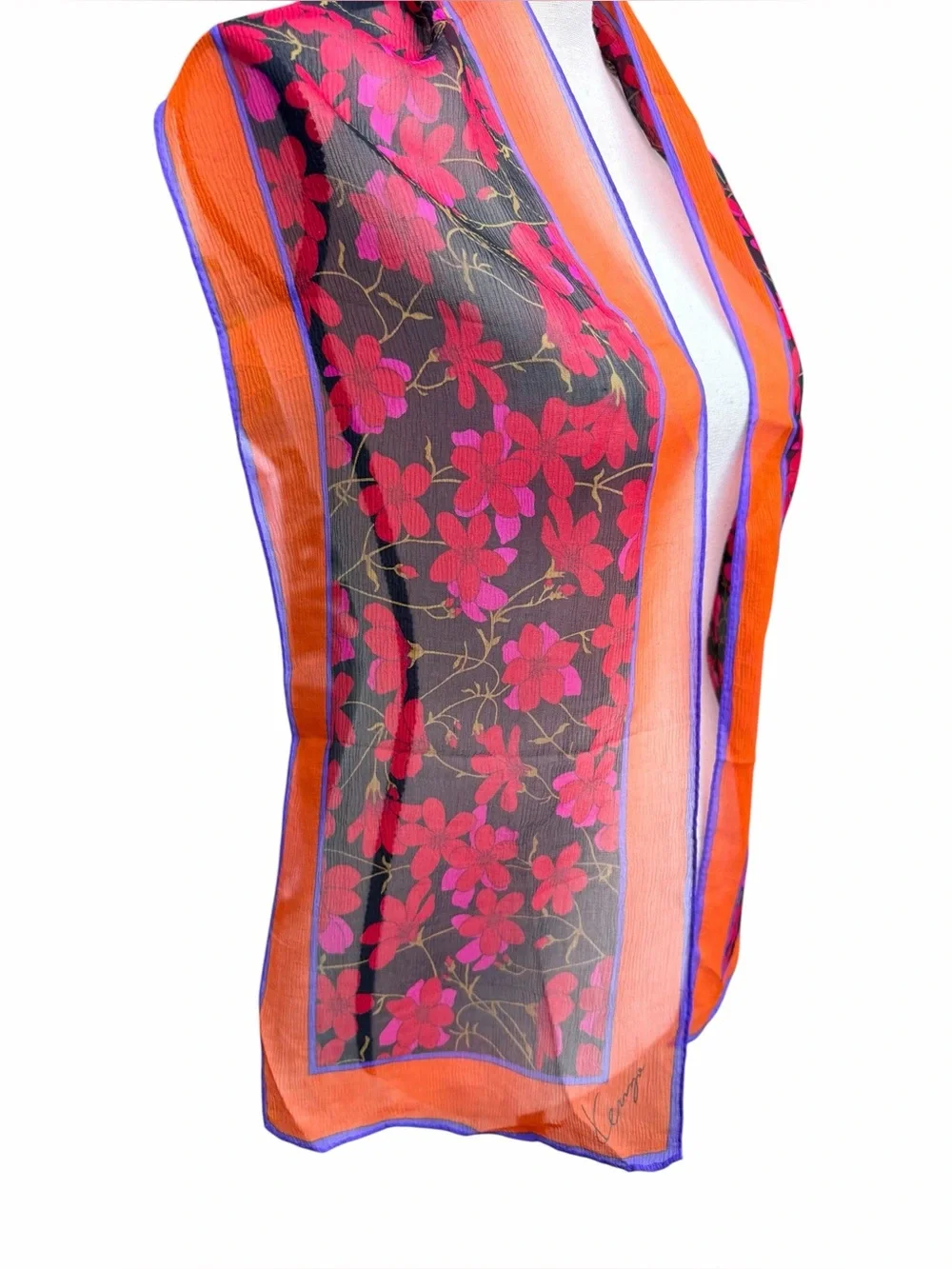 Kenzo Paris Silk Chiffon Floral Scarf Orange Pink Black Hand Rolled Hem